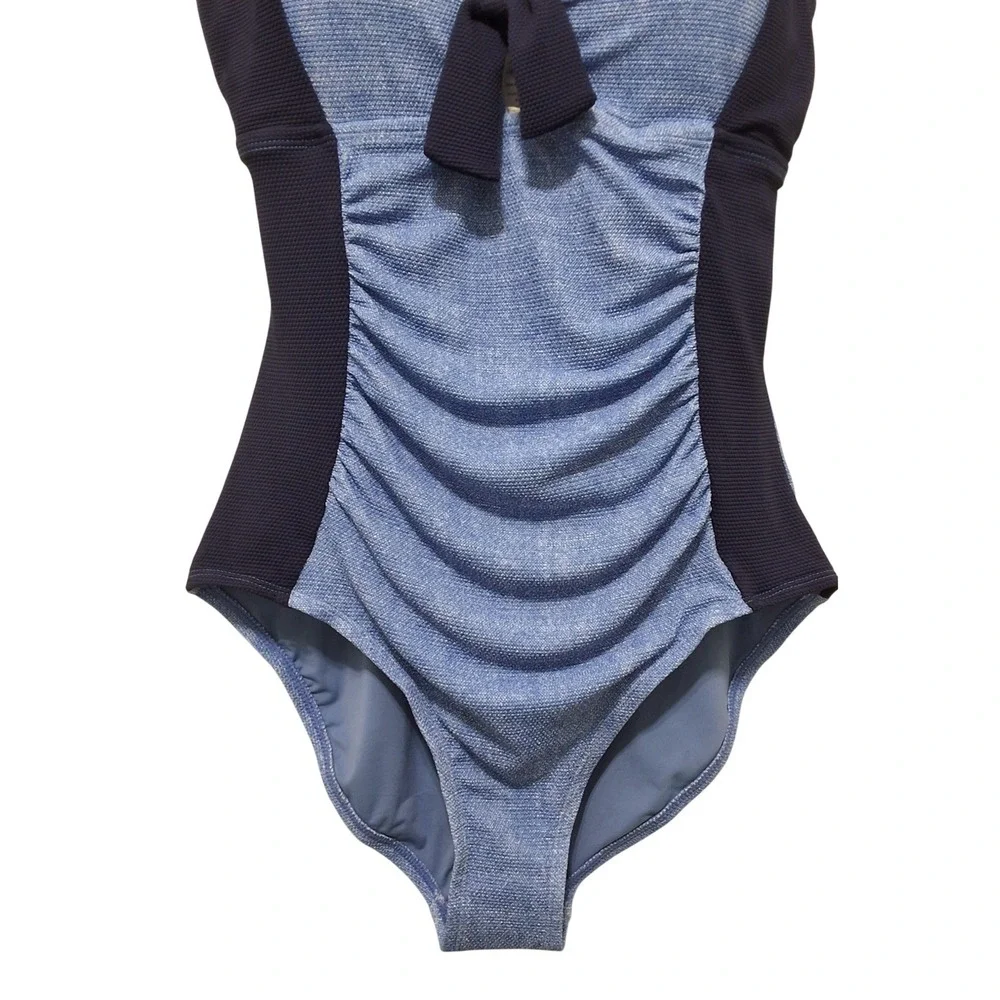 Tommy Bahama Island Cays Block Tie Front Tummy Control One Piece Swim Blue Sz 12